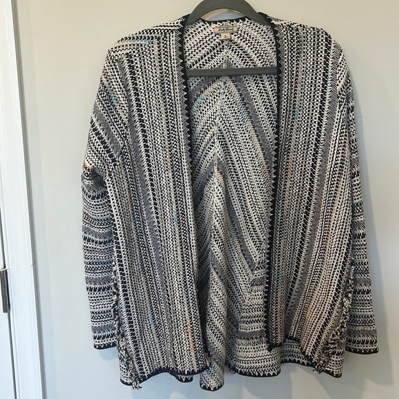Lucky Brand Pottery Knit Open Front Boho Cardigan Fringe Trim - Picture 2 of 5